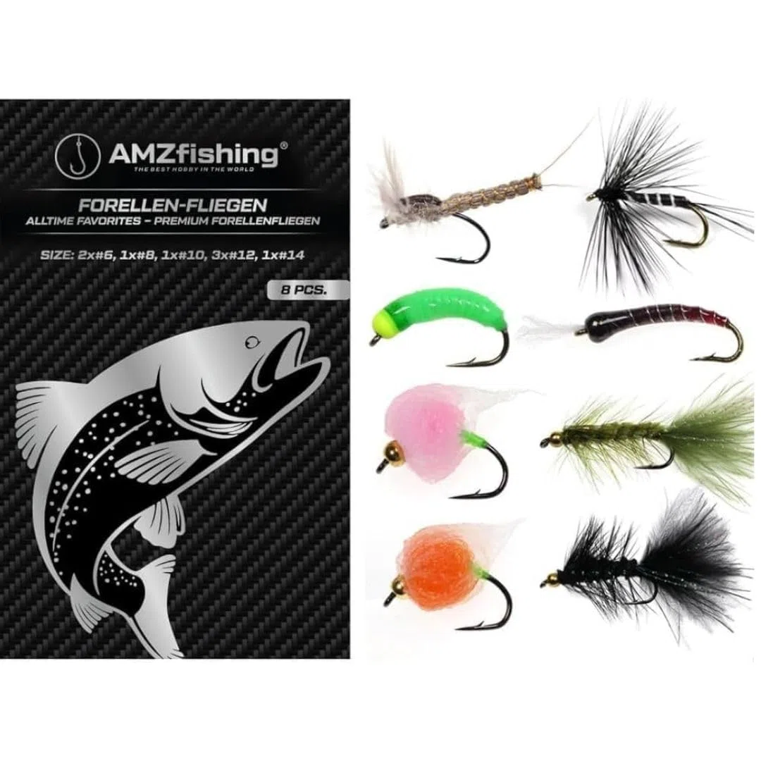 AMZfishing Lot de 8 mouches à truite de qualité supérieure – Alltime Favorites | Mouche truite | Pêche à la mouche | Pêche à la mouche | Leurre à truite | Leurre à truite