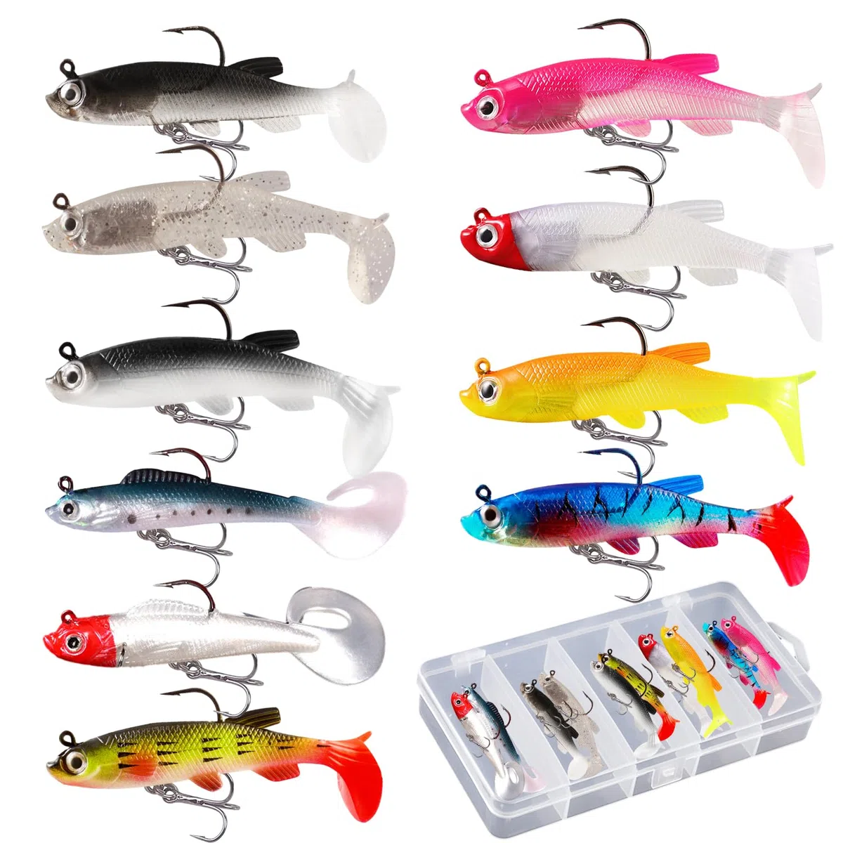 10 Pièces Leurres Peche en Mer Ensemble avec 1 Boîte en Plastique Hameçons Appâts Artificiels avec hameçons aigus Pointus Leurre Souple Faux Appâts pêche Leurre Souple pour Truite Brochet Bar