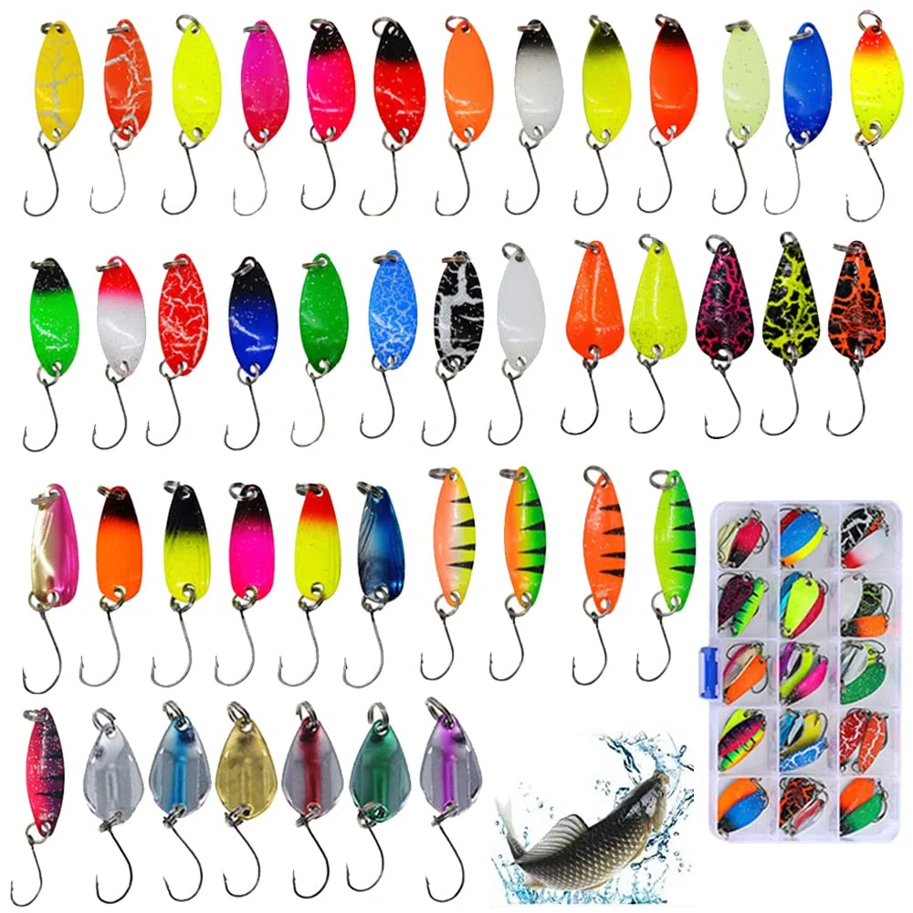 Leurres de Pêche Kit, 43 pcs Spoons de Pêche à la Truite, Kit D'appâts de Pêche Portable pour Truite de Mer Et Perche