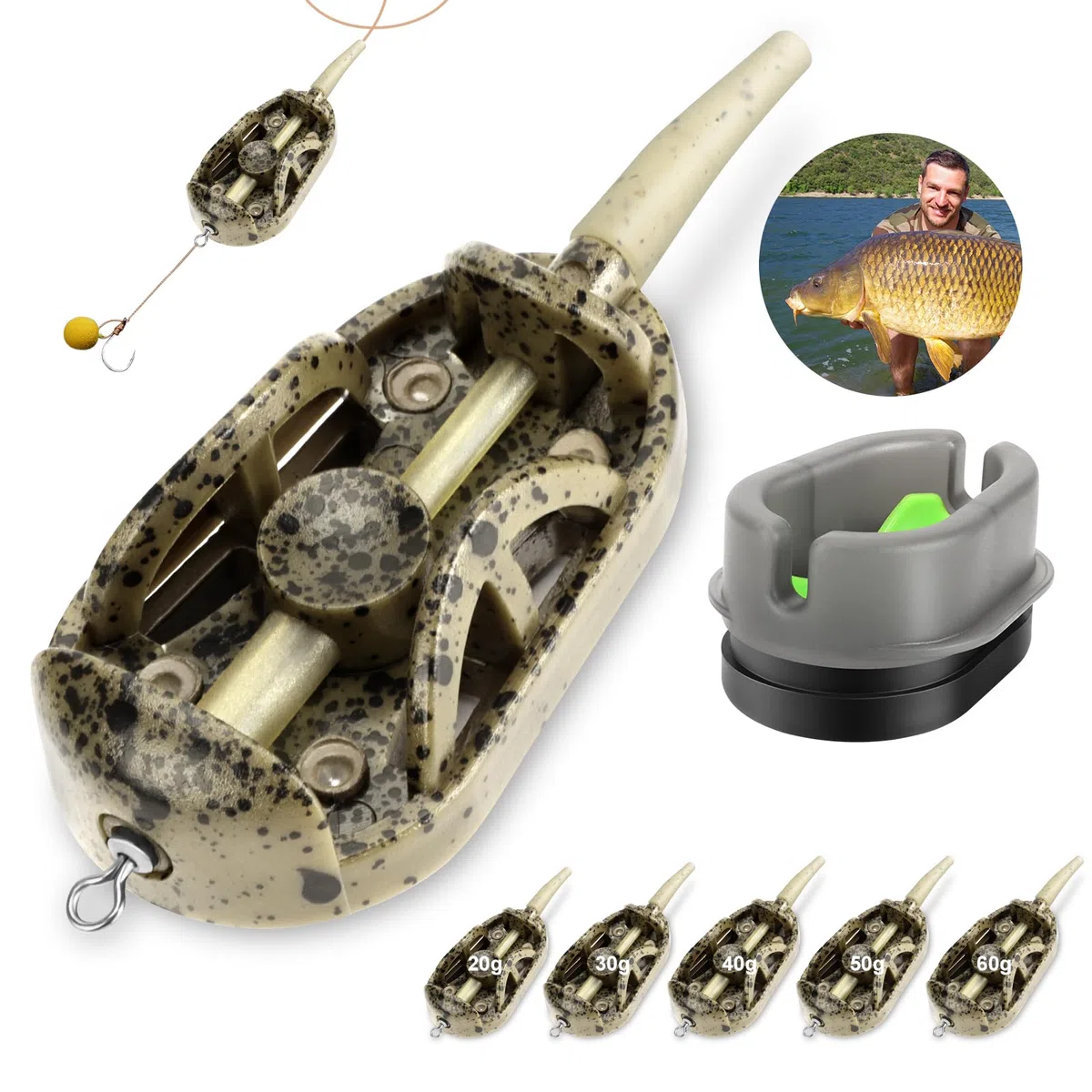 Realure Accessoires pour Feeder 4 en 1 Method Feeder de Pêche à la Carpe de 20g 30g 40g 50g 60g Méthode Feeder pour la Pêche de Base, Les Granulés, Accessoires de Carpe