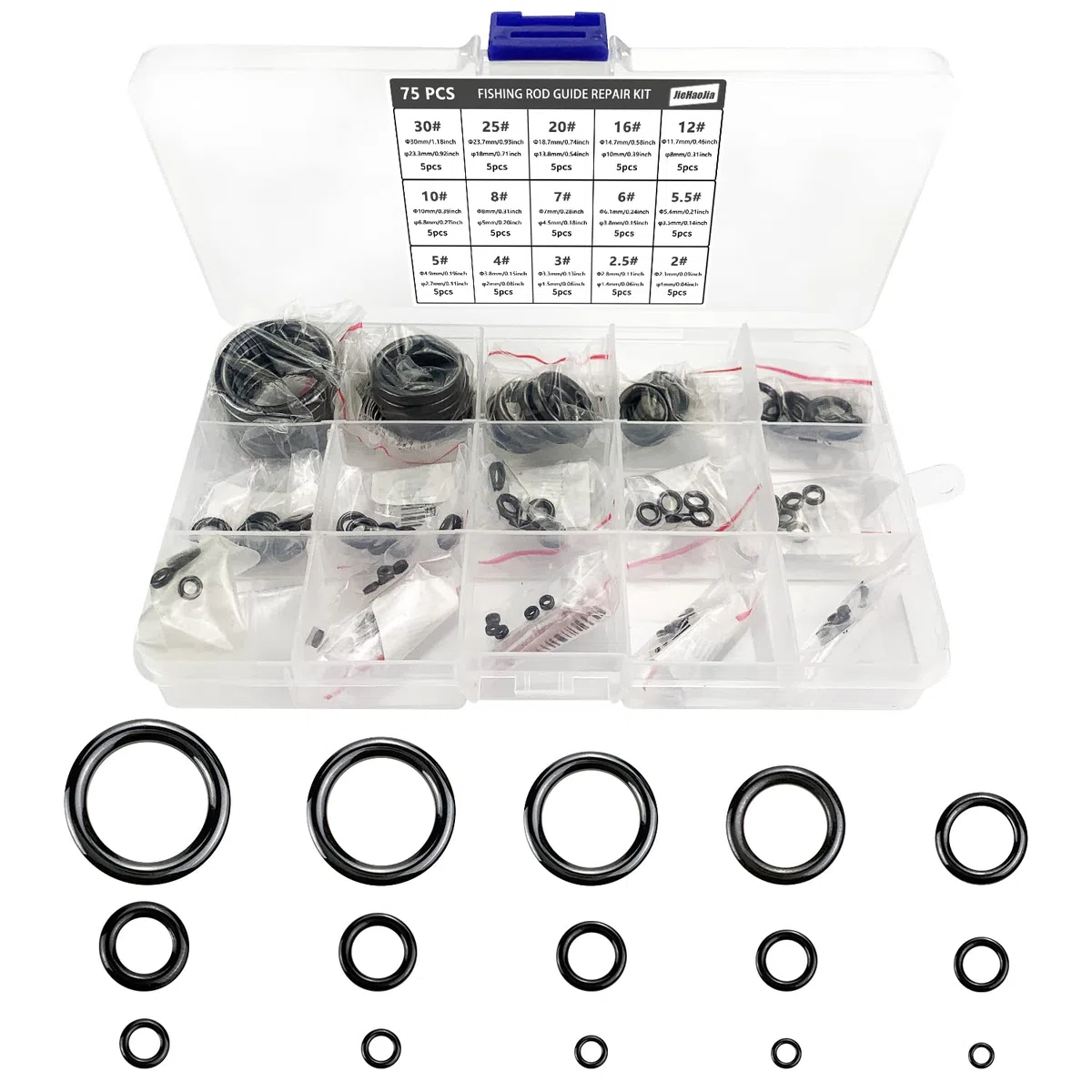 75 Pièces Anneau Canne a Peche Kit de Réparation,15 Tailles - 2.3 mm à 30 mm,Pièce de Pêche,Anneaux Canne a Peche pour la Plupart des Types de Cannes