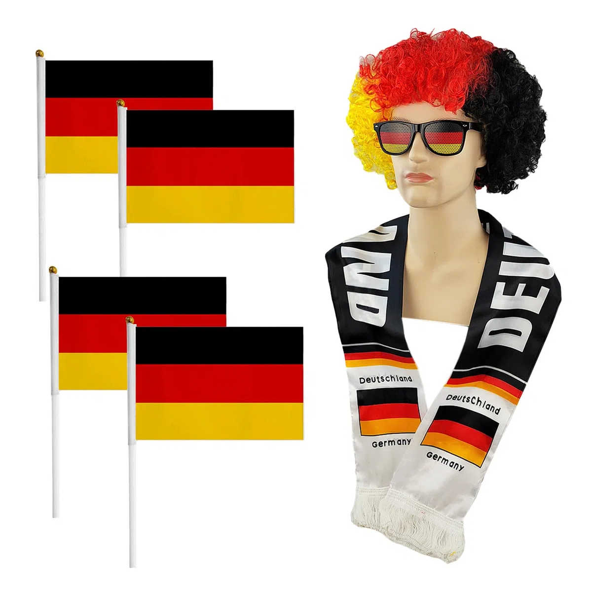 Kit Supporter Allemagne, Perruque, Lunettes de Soleil, Écharpe et 4 Bâtons de Fan, Accessoires pour Coupe du Monde 2026, Noir Rouge Or
