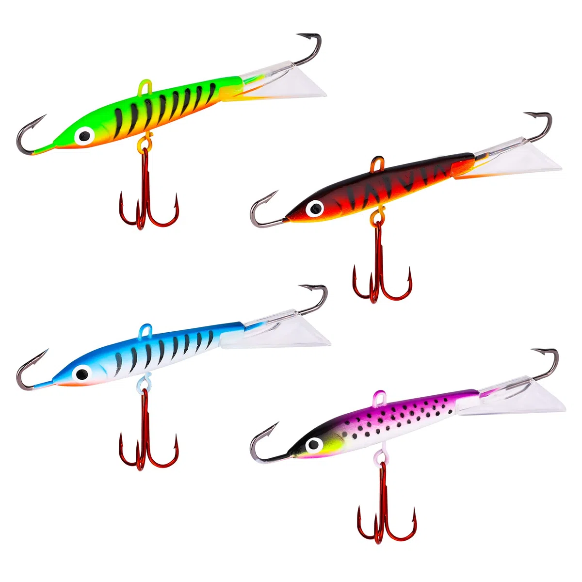 KINBOM Kit de 4 Pièces Jigs de Leurres de Pêche sur Glace - Appâts d'Hiver Réalistes Avec 3 Hameçons Tranchants pour Marigane, Crapet Arlequin, Achigan