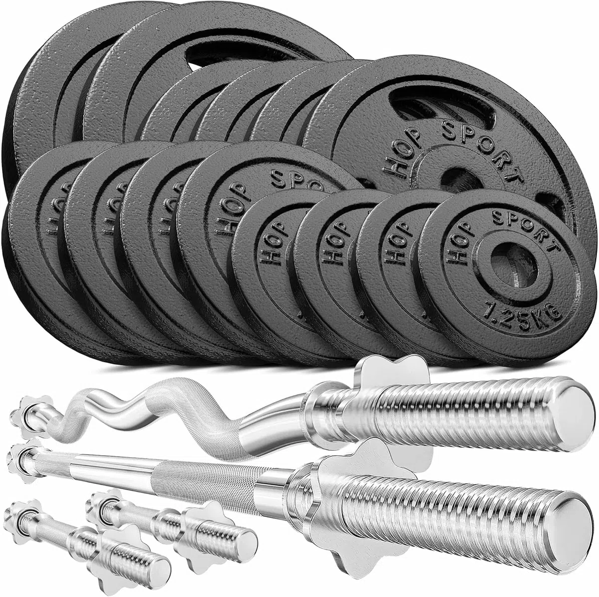 HOP-SPORT® Set d'Haltères en Fonte 76 kg, Deux Barres Courtes, Barre Longue et SZ-Curl ou Super SZ-Curl, Kit de Disques de Poids pour Musculation à Domicile, Ensemble d’haltères avec Poids